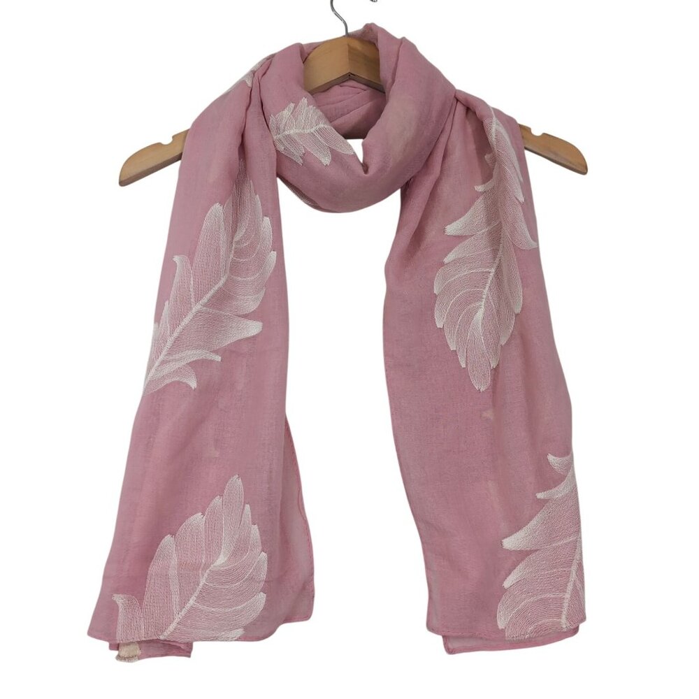Scarf Wrap Rectangle Pink White Feather Embroidered Lightweight 70" x 29"